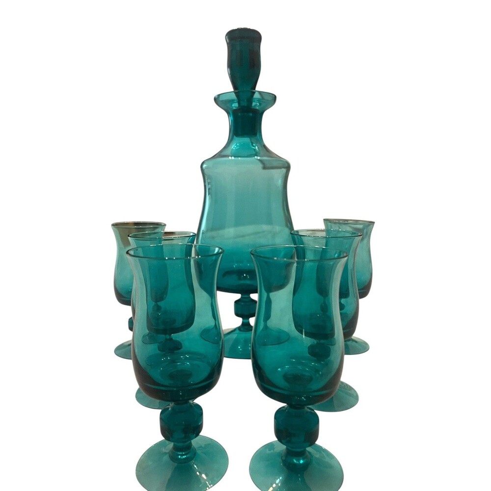 Vintage Teal Blue Art Glass 1 Decanter 6 Wine Glass Very Beautiful Rare!
